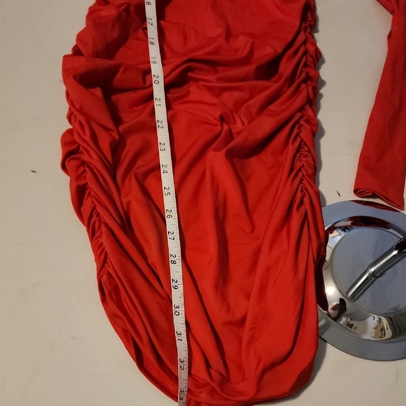 Red Ruched Long Sleeve Bodycon Dress - Picture 6 of 8